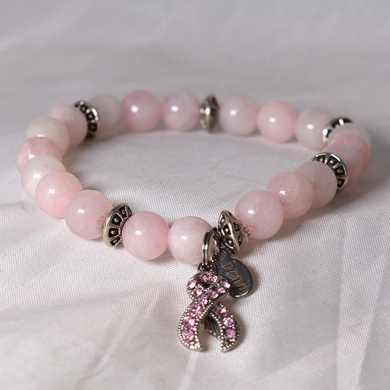 Rose Quartz Pink Ribbon Bracelet – Breast Cancer Awareness Angel Wing Charm, Stretch Beaded Jewelry afbeelding 5