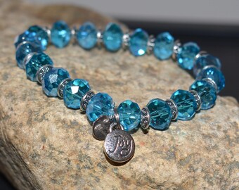 Pulsera elástica Joy de cristal azul claro, inspirada en la aguamarina, cuentas de 10 mm, regalo inspirador para ella, joya de cumpleaños de marzo, 19 cm