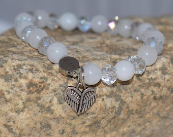 Pulsera de alas de ángel de selenita: joyería elástica con cuentas de cristal transparente