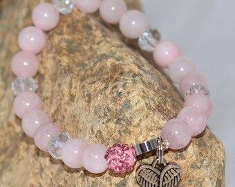 Pink Quartz Angel Wing Bracelet – Beaded Stretch Jewelry with Crystal and Pave Accent