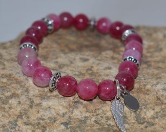 Pulsera de turmalina sandía con alas de ángel – Joyería elástica con cuentas hecha a mano