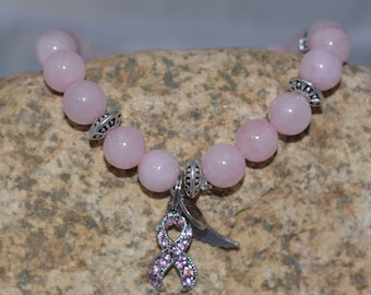 Pink Ribbon Breast Cancer Awareness Bracelet, Rose Quartz, Pink Beaded Bracelet, Angel Bracelet, 7"