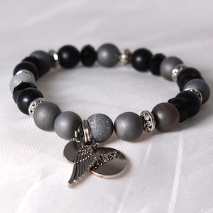 Believe Bracelet, Angel Jewelry, Inspirational Jewelry, Beaded Bracelet, Angel Wing, Druzy Beads, Onyx  7.5&quot;