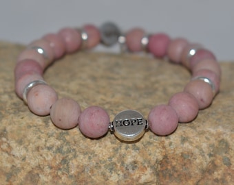 Rhodonite Hope Bracelet – Matte Pink Beaded Stretch Jewelry with Angel Wing Charm
