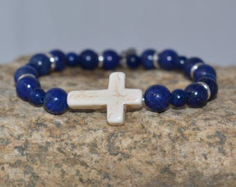 Lapis Lazuli Cross Bracelet: Pewter Accent Beads, Christian Jewelry