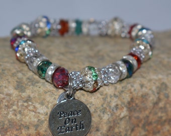Peace On Earth Christmas Bracelet, Red and Green, Christmas Bracelet, Beaded Bracelet, 7.0