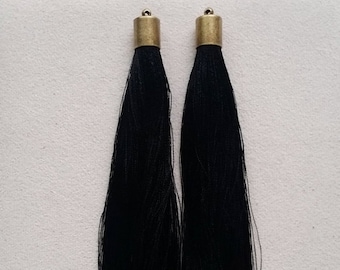 2 pcs Black - 4.4" Art Silk Tassel with Breass Cap, Tassel Supplies for jewelry, bag charm