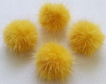 4 PCS - (No Ring) Yellow 30mm Genuine Mink Fur Ball Pom pom, Plain, ECT0009n