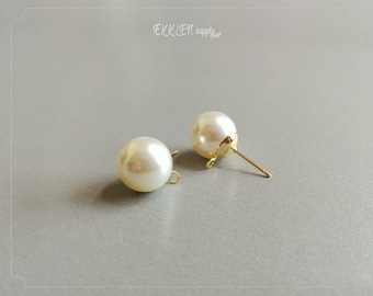 2 PCS - 14 mm White Acrily Pearl Beads earring, Pearl Stud earring, Pendant connector, Dangle Pendant for wedding jewelry [ EPG0033E-10 ]