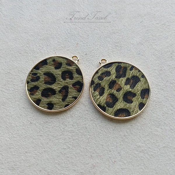 2 pcs khaki - 1.2" round Leopard Hair, animal print drop for making earrings, necklace, fashion jewelry