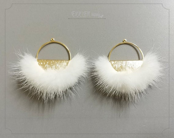 2個 - ホワイト、ハーフムーンミンクファーペンダント、天然本ミンク