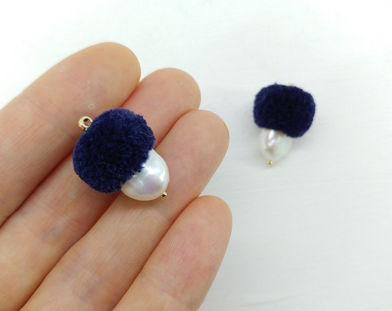 cotton ball supply for girl earrings necklace charm 2 PCS navy Acorn Pom Pom with Freshwater Pearl