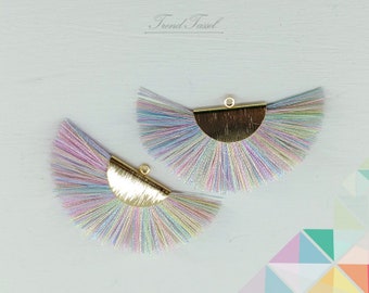 2 pcs - 2" SILK, Rainbow Fan Tassel, art silk drop with brushed semi circle cap, Tassel Supplies for making jewelry necklace, earrings