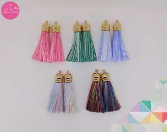 2 pcs - 2" gland de soie Art avec 2 lignes bouchon en laiton, Multi couleur thème pompon fournitures pour bijoux, bijou de sac
