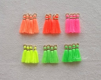 4pcs  - 0.9" Tiny Art Cotton Tassel, Neon Theme, Mini, Short Hand Crafted Acryl Charm Supplies for fashion accessories and home decor