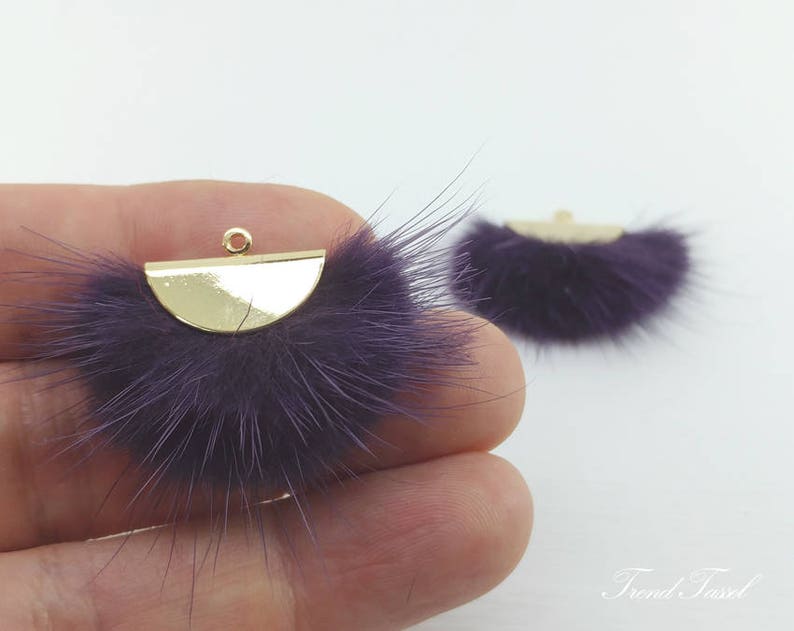 Purple Fur Fan with semi circle cap Genuine Mink Pom pom Tassel supply for earrings 2 PCS