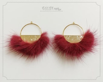 2 pcs - Burgundy, Half moon mink fur pendant, Natural Genuine Mink Pom pom Tassel supply for earrings, necklace Charm [ ECT0039-BD ]