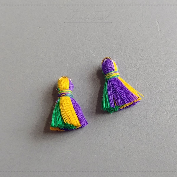 2 PCS - 0.8" Mardi Gras Mini Lovely Art Cotton Tassel, Mustard Purple Green, Without jump ring, Hand Crafted Charm Supplies [ ET0001 ]