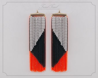 2 pcs (pair) - 2.4" Neon orange 3 Layer Chain Tassel with Gold, Rose gold, Silver Tube Cap, Supply Earrings, Tassel charm