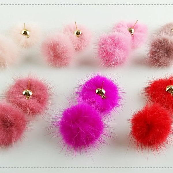 2 PCS - (brass stud) Pink Red Ruby 30mm Mink fur ball with post, real genuine pompom supply, real mink earring post [ ECT0009E ]