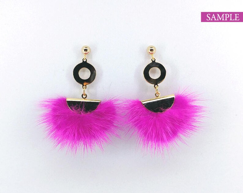 Purple Fur Fan with semi circle cap Genuine Mink Pom pom Tassel supply for earrings 2 PCS