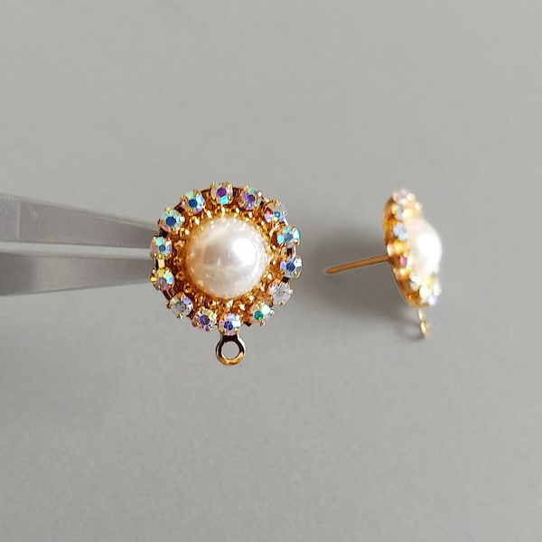 2 PCS - Opal, 15 mm Rhinestone & Pearl hemisphere Stud with loop, chain earrings, gold plated post Spring Accessory [ EH0056 ]