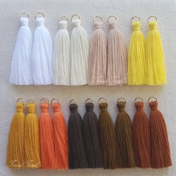 2pcs  - 2.4" Long Art Cotton Tassel, WHITE YELLOW BROWN Theme, Without jump ring, Hand Crafted Charm Supplies for fashion accessories