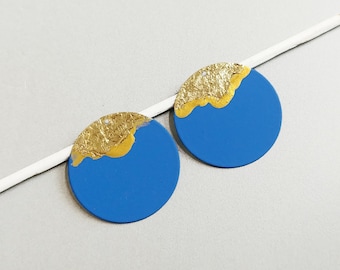 2 PCS - Ink Blue, 25mm Disc with Gold Paint, matte rubber coated, round charm supply for earring, making jewelry finding [ ER0008G - BE ]