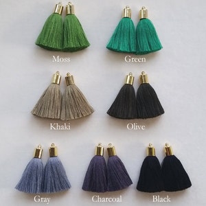 2pcs 1.7 Luxury Art Cotton Tassel, Brass End Cap, GREEN GRAY Theme, Hand Crafted Charm Supplies for fashion accessories and home decor image 2