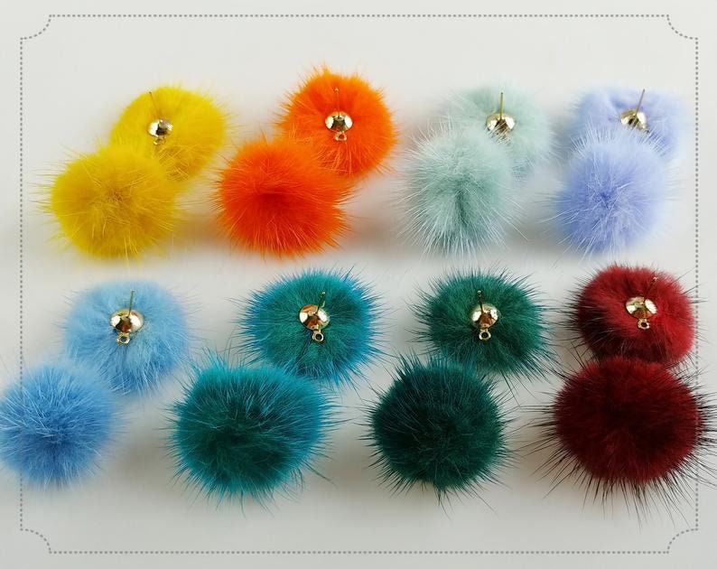 2 PCS - (brass stud)  Orange Green Sky Mint 30mm Mink fur ball with post, real genuine pompom supply, real mink earring post [ ECT0009E ]