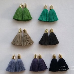 2pcs 1.7 Luxury Art Cotton Tassel, Brass End Cap, GREEN GRAY Theme, Hand Crafted Charm Supplies for fashion accessories and home decor image 1