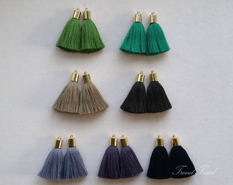 2pcs 1.7 Luxury Art Cotton Tassel, Brass End Cap, GREEN GRAY Theme, Hand Crafted Charm Supplies for fashion accessories and home decor image 1