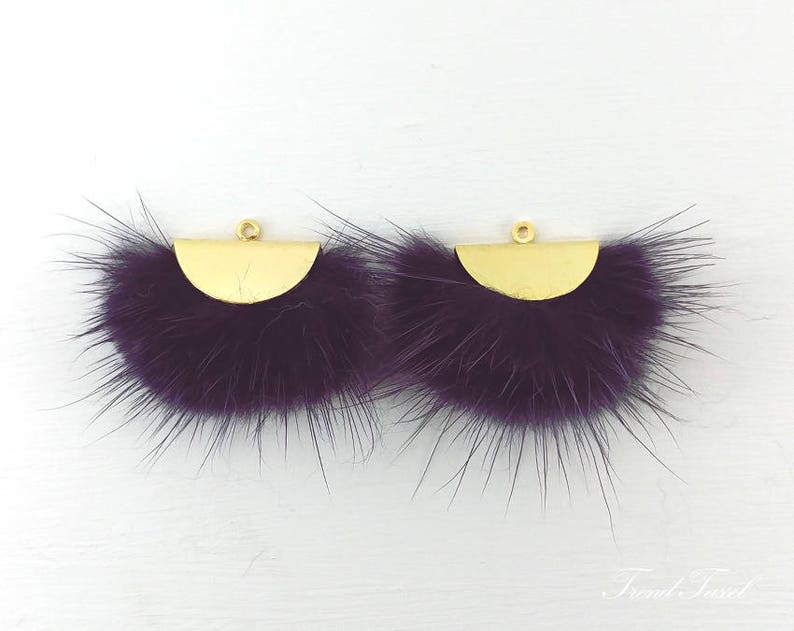 Purple Fur Fan with semi circle cap Genuine Mink Pom pom Tassel supply for earrings 2 PCS