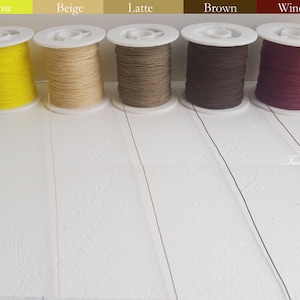 May include: Five spools of thread in a row, each with a different color: yellow, beige, latte, brown, and wine. The thread is unwound from each spool, with the ends of the thread extending downward. The spools are on a white surface.