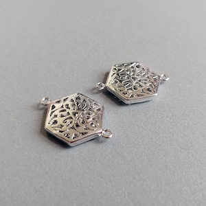 2 PCS - 14mm Silver plated, Oriental Filigree Hexagon connector, tassel earrings necklace pendant bracelet charm [ EM0026-S ]