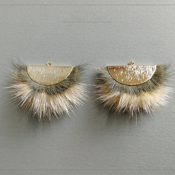 2 pcs - Double Fur Fan, 40mm khaki & dark beige Mink, Naturalr Genuine Mink Pom pom Tassel supply for earrings, necklace [ ECT0038 ]