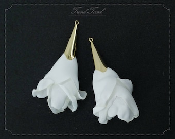 2 pcs - 1.6" White Satin Flower, Fabric Petal Tassel with Tulip cap for necklace, earnings, key Chan