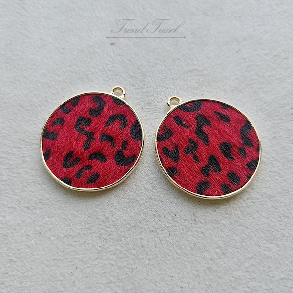 2 pcs red - 1.2" round Leopard Hair, animal print drop for making earrings, necklace, fashion jewelry