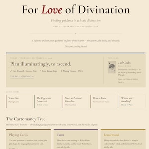 May include: A webpage titled For Love of Divination with a cream background and dark text. It features sections for daily readings, including a 4 of Clubs card, and navigation links for cartomancy topics like playing cards, tarot, and lenormand.