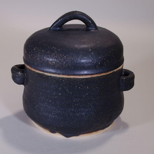 Peut inclure: Un pot en céramique bleu foncé avec un couvercle et une surface texturée. Le pot a deux petites poignées sur les côtés et une poignée en boucle sur le couvercle. La base du pot est de couleur plus claire.