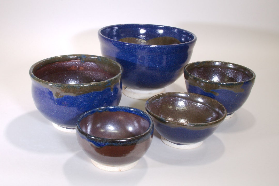 Set of Five Dark Blue and Brown Wheel Thrown Stoneware Ceramic Bowls - Etsy