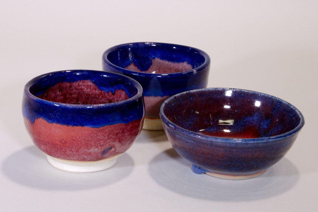 Three Small Red and Blue Wheel Thrown Stoneware Ceramic Bowls. - Etsy