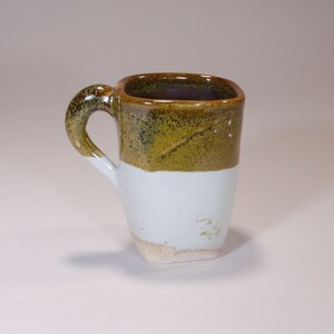 White, Gold, and Brown Square Wheel Thrown Stoneware Ceramic Mug