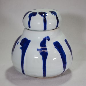 Wheel Thrown Large White and Sapphire Blue Lidded Stoneware Ceramic Jar