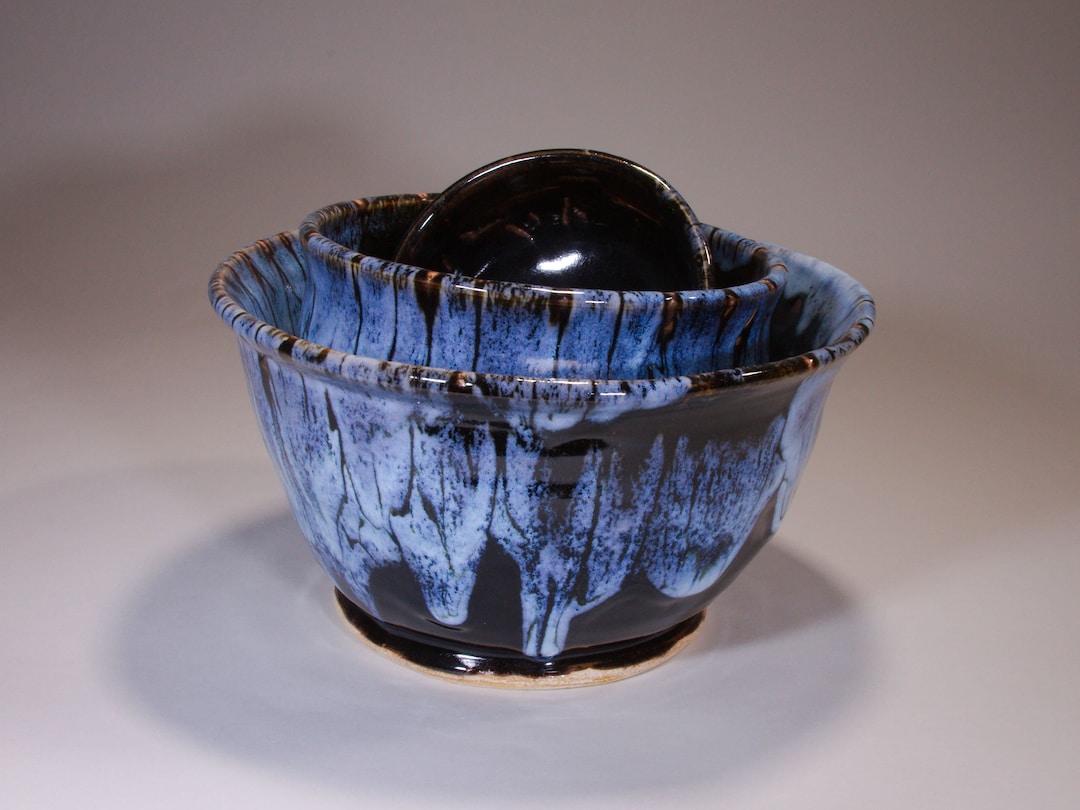 Dramatic Black and Blue Waterfall Wheel Thrown Stoneware Ceramic 3 Bowl ...
