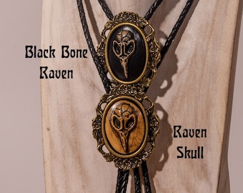 Handmade Raven Skull Bolo Ties, Fancy Tie, Steampunk attire, Leather tie, goth, jewelry, functional art, unique gift