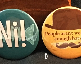 Monty Python Pinback Button Set, humor, Python, NI!, hats, knights who say NI