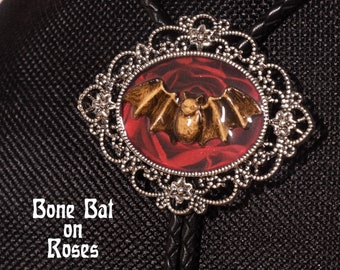 Handmade Bone Bat Bolo Ties, Bat, Damask, Roses, fancy tie, leather tie, goth, steampunk, formal