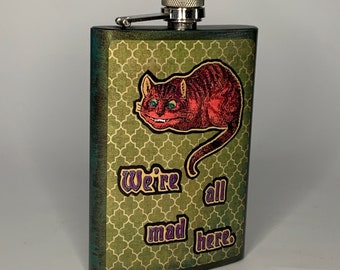 Cheshire Cat Flask, We're all mad here, adult beverage, stealth cocktail, Alice, best man, bridal party gift, geek gift,