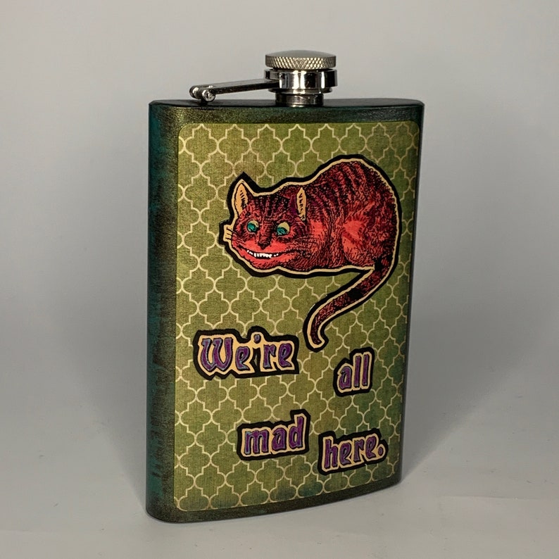 Cheshire Cat Flask, We're all mad here, adult beverage, stealth cocktail, Alice, best man, bridal party gift, geek gift, image 1